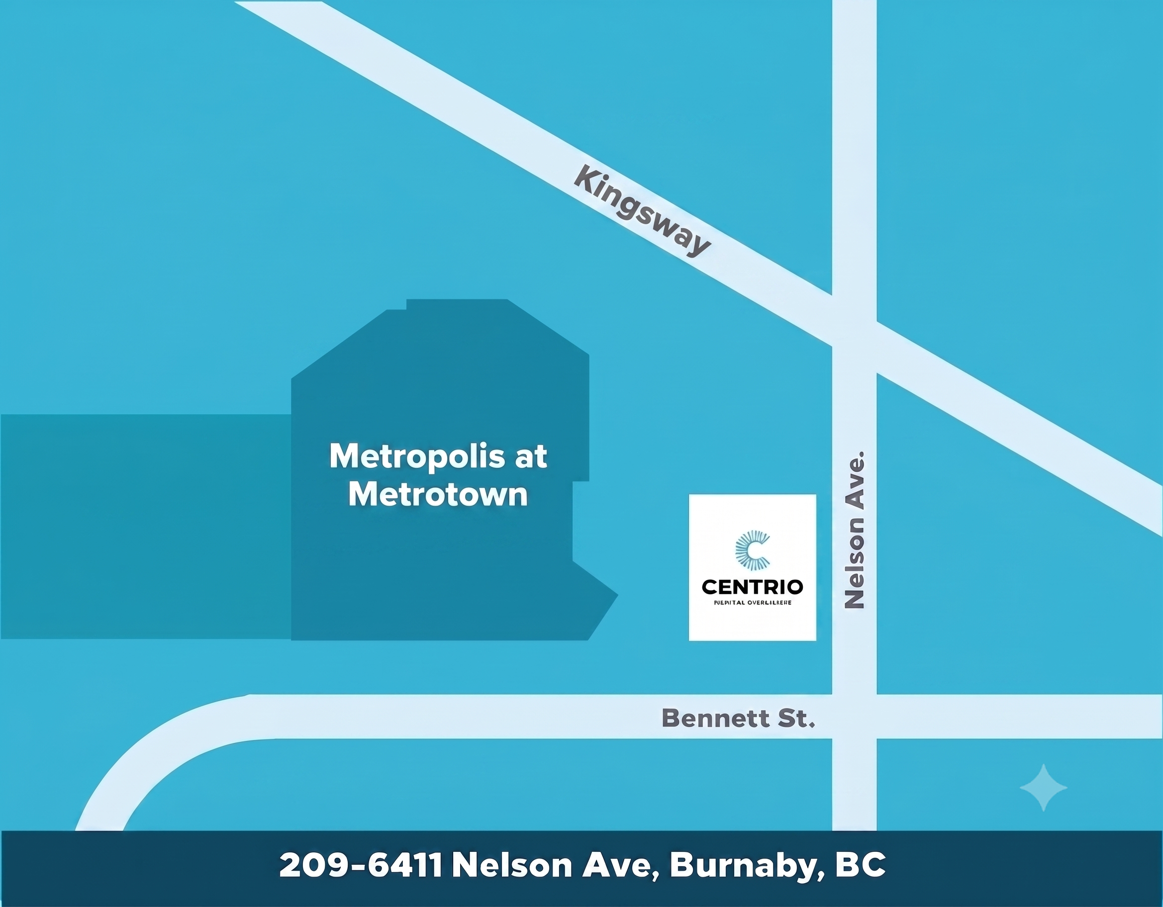 Centrio Medical location map — Suite 209, 6411 Nelson Ave, Burnaby, BC